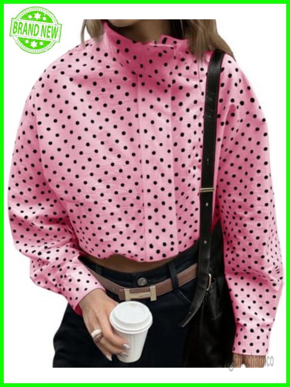 Womens Polka Dot Zip Up Cropped Jacket Oversized Casual